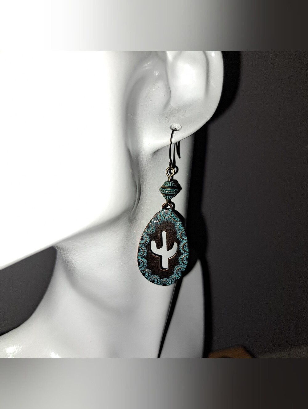 Turquoise Patina Bronze Teardrop Cutout Cactus Earrings, Heavy Duty Ear Hooks